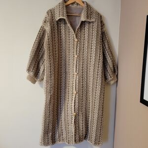 Vintage Handmade Woven Wool Knit Balloon Sleeve Duster Coat Jacket Neutral Large